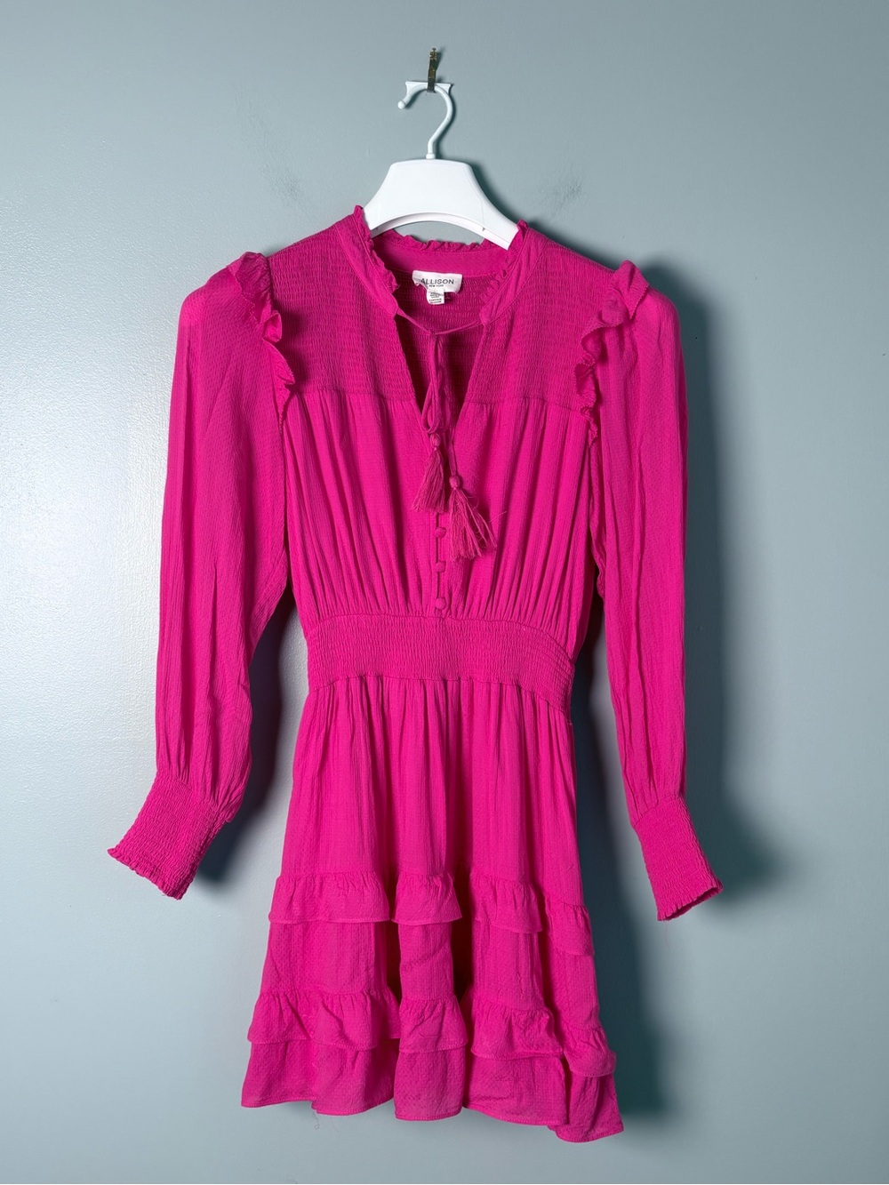 ALLISON New York Womens XS Hot Pink Smocked Ruffle Mini Dress Tassel Boho